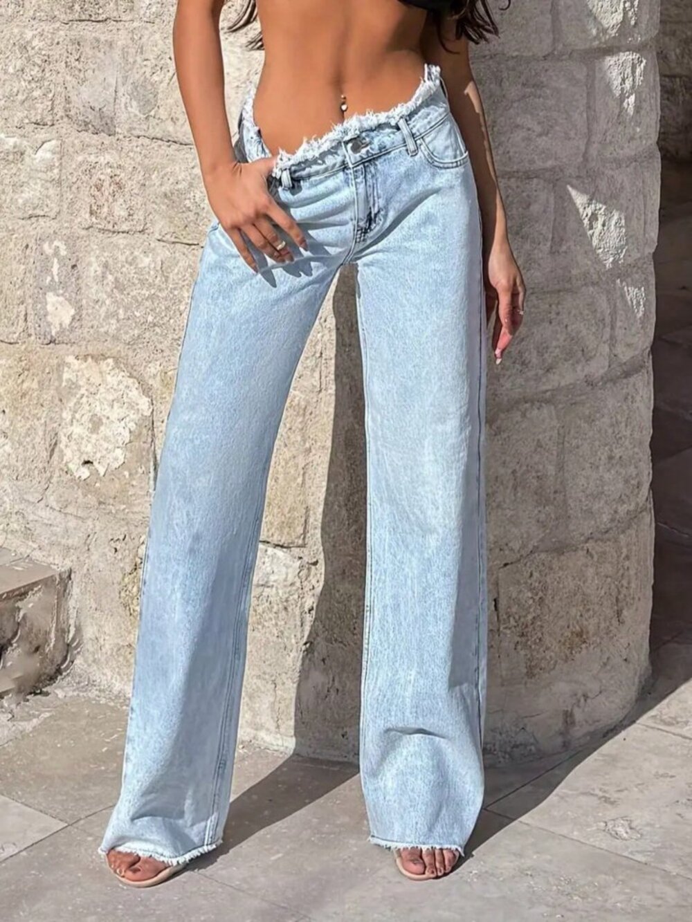 Blue Casual Women's Light Wash Frayed Waist Wide Leg Jeans